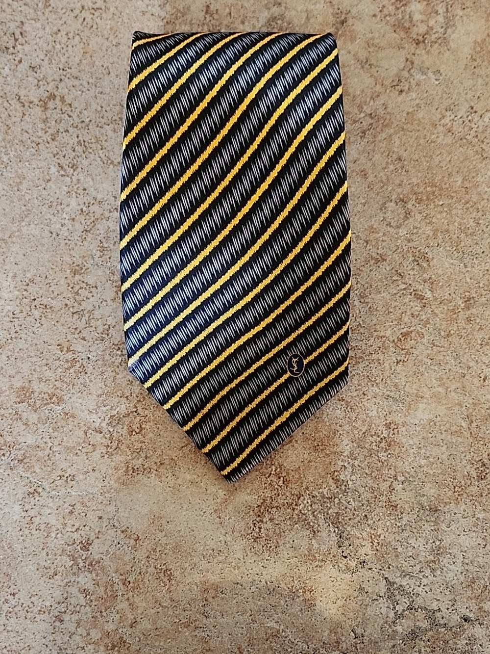 Vintage Yves Saint Laurent Navy & Yellow Diagonal Stripe Silk Tie
